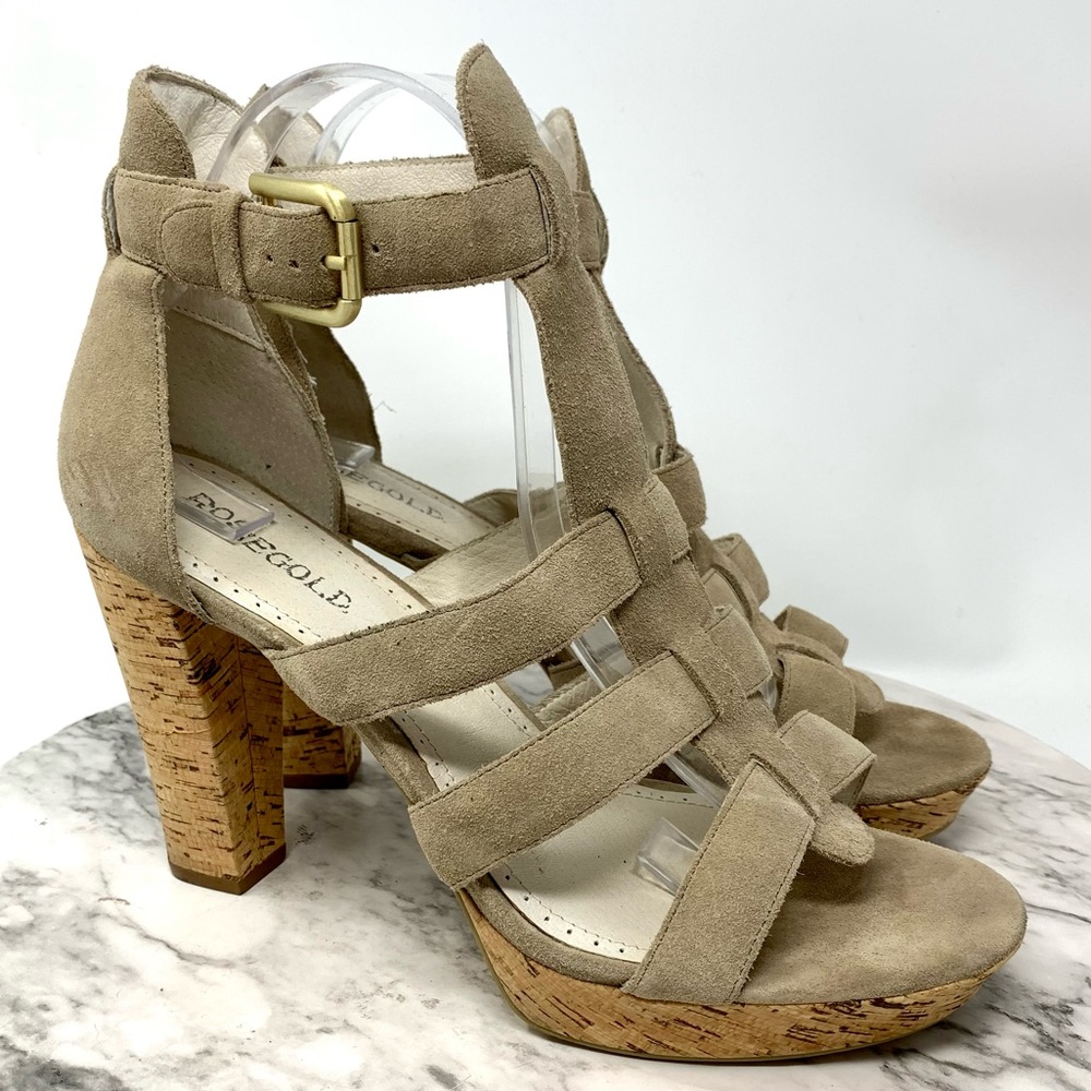 Rosegold Pana Strappy Taupe suede Cork heel sandal pump 40/10 classic bohemian